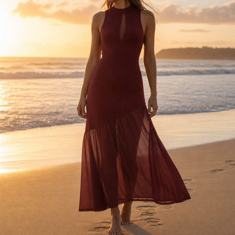 Cartagena Ribbed Mesh Maxi Dress in Red