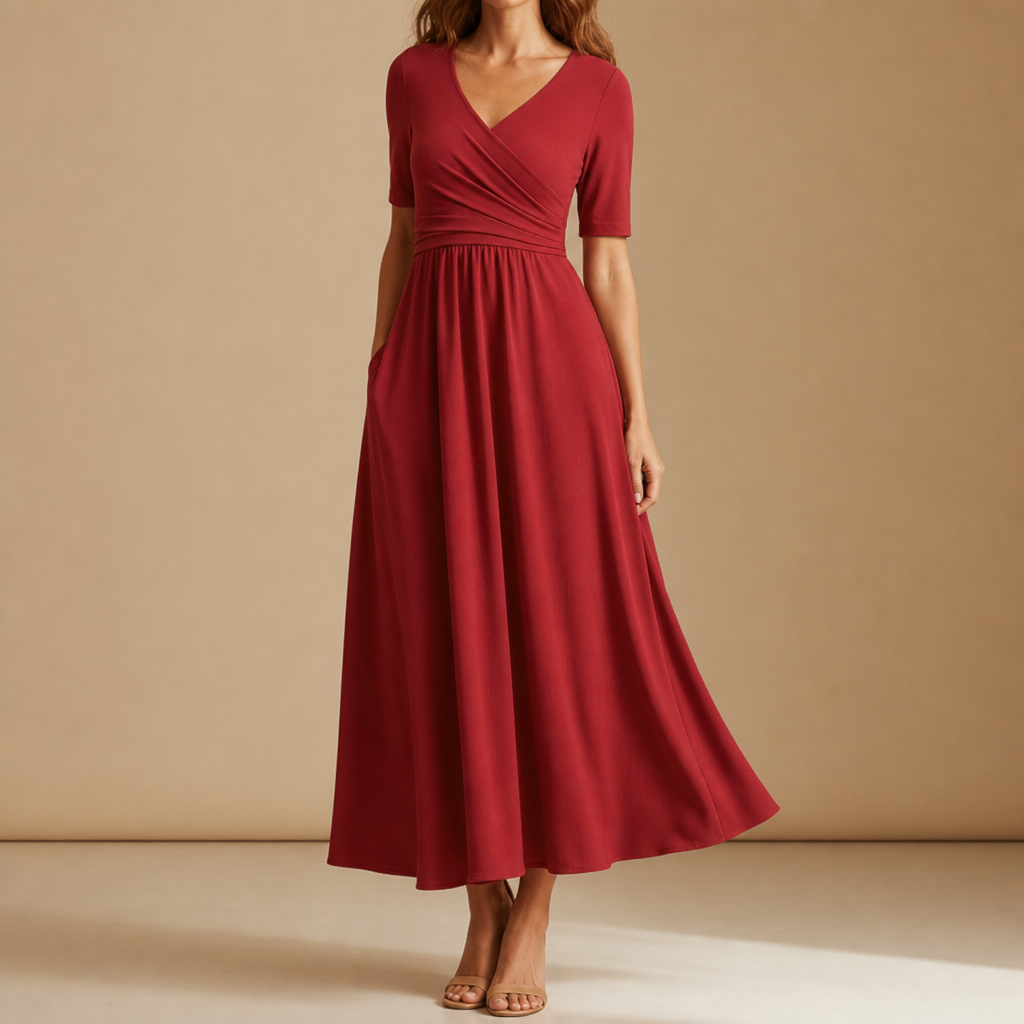 Chios Crossover Bodice Midi Dress in Red