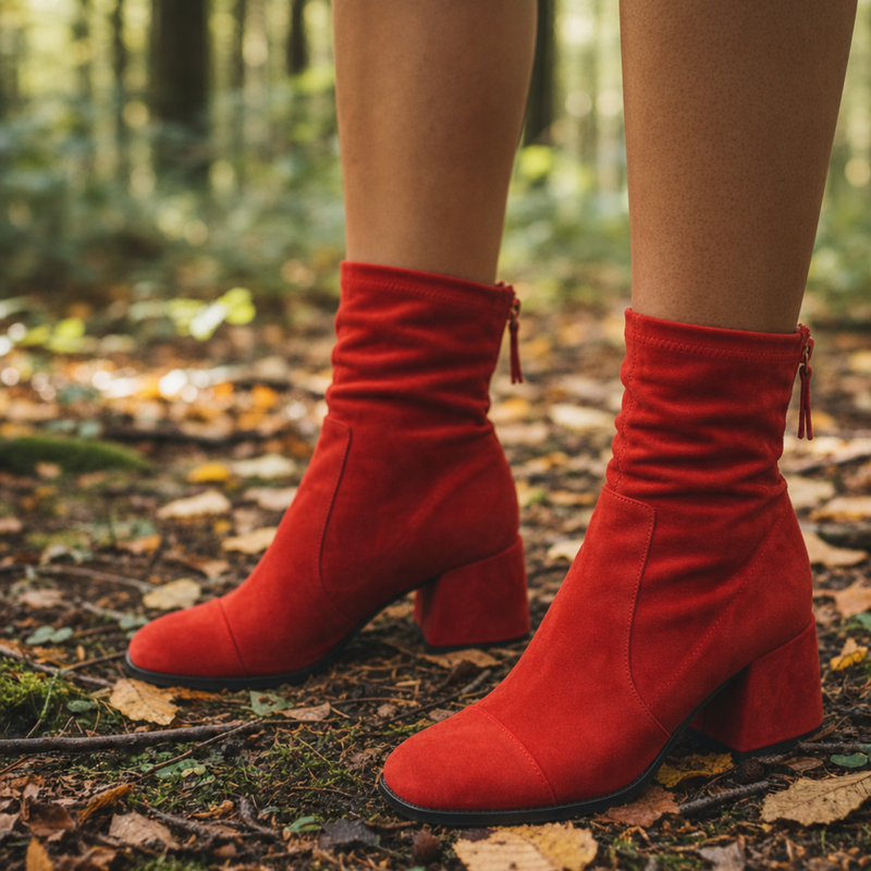 Andros Suede Block Heel Boots in Red