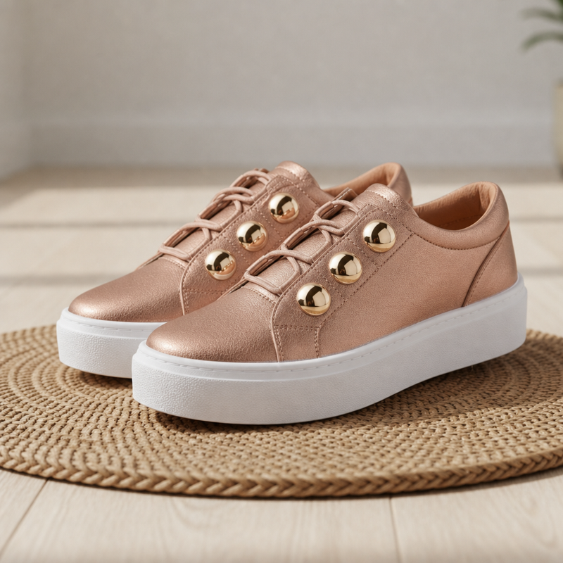 Aveiro Orthopedic Gold-Stud Sneakers in Rose Gold