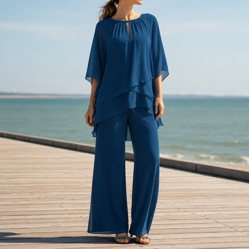 Aegina Chiffon Layered Two-Piece Set in Sapphire Blue