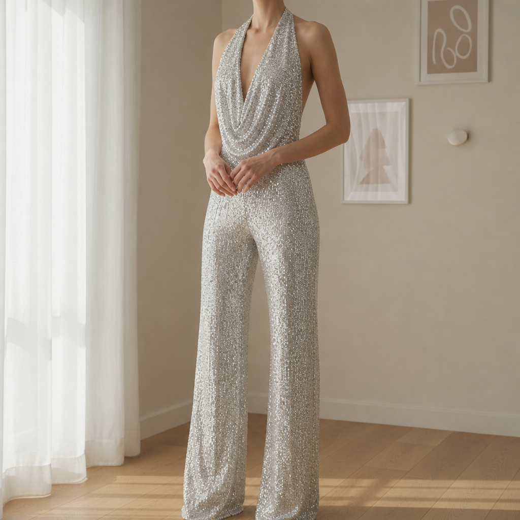 Lacoste Sequin Halter Jumpsuit in Silver