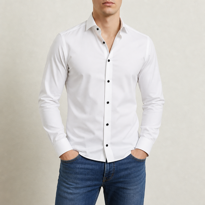 Formentor Slim Fit Dress Shirt in White (Black Buttons)