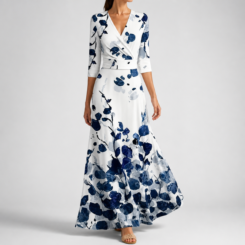 Matera Floral Wrap Maxi Dress in White/Blue