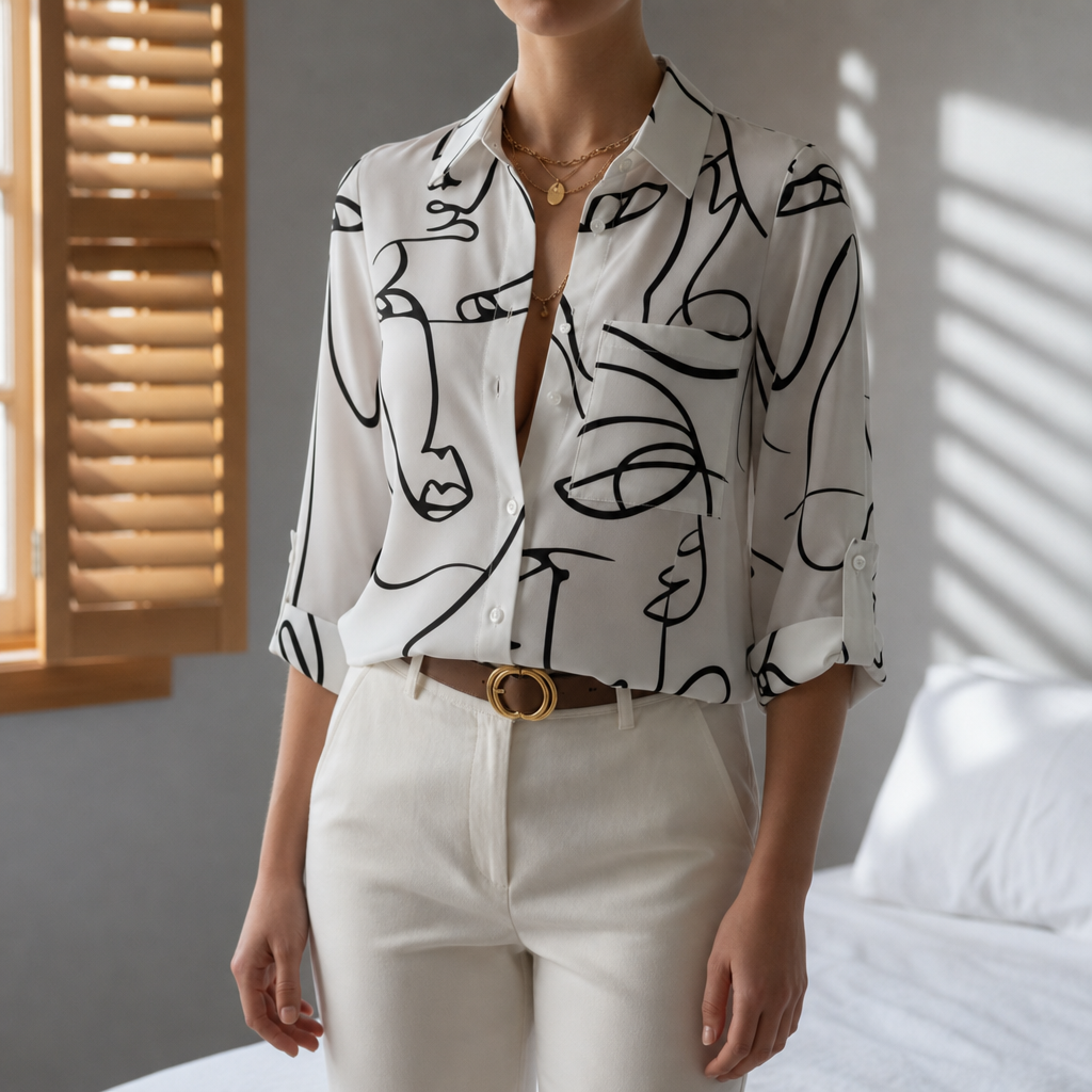 Alicante Geometric Print Blouse in White