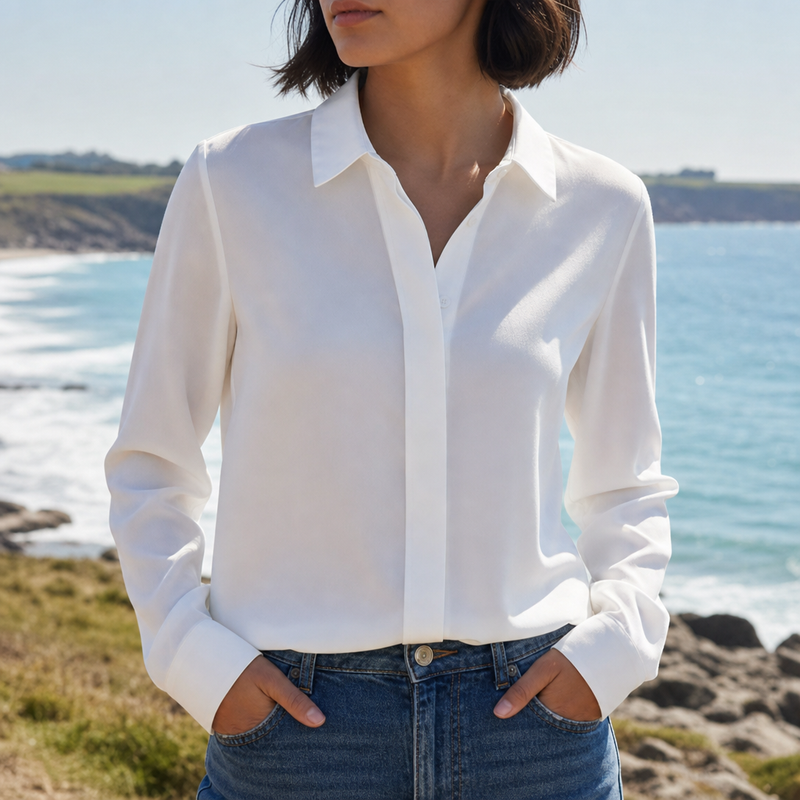 Paros Hidden Button Blouse in White