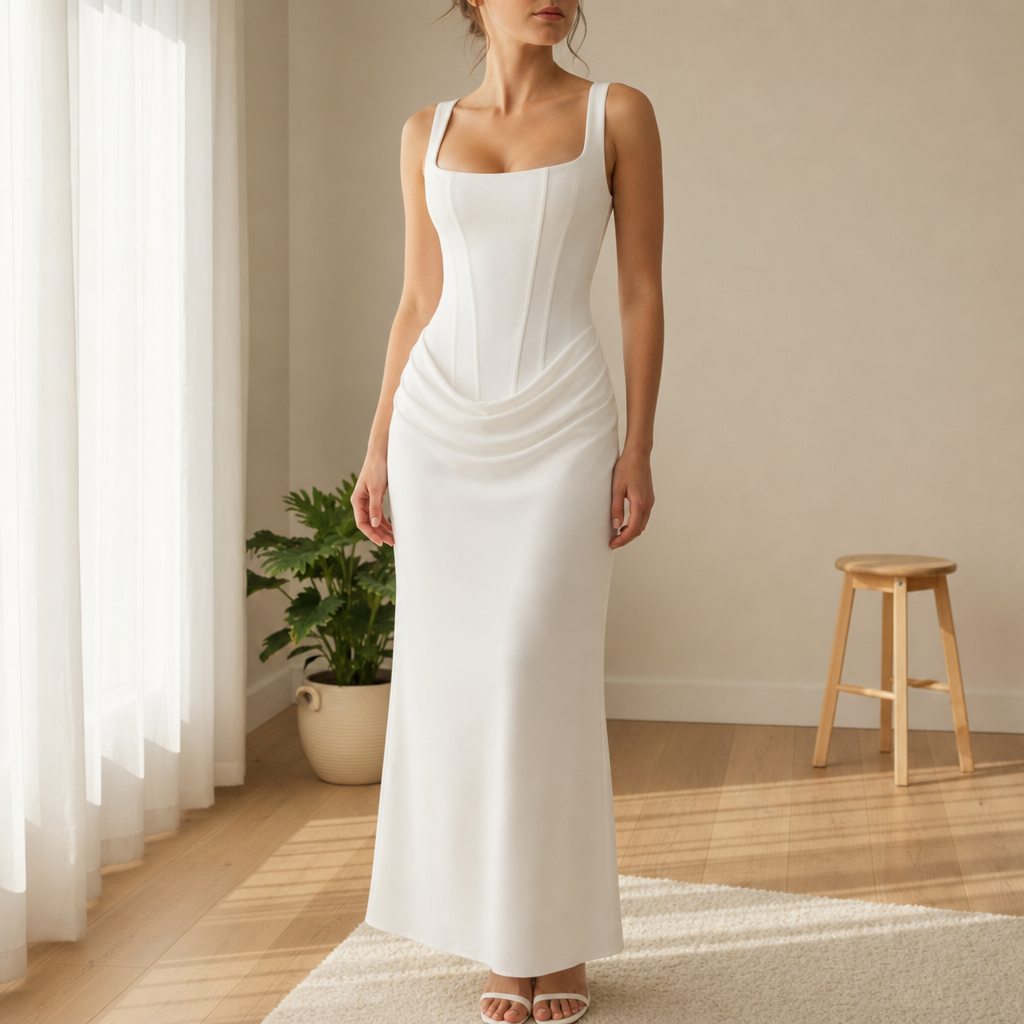 Alicante Corset Ruched Maxi Dress in White