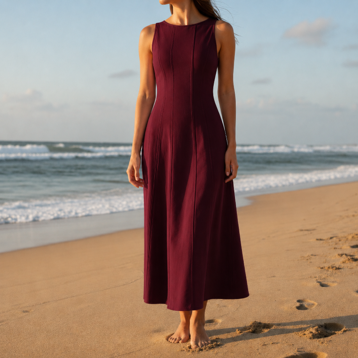 Ithaca Panel Seam Midi Dress in Wine Red