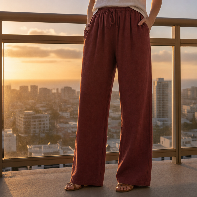Sitges Linen Wide Leg Pants in Wine Red