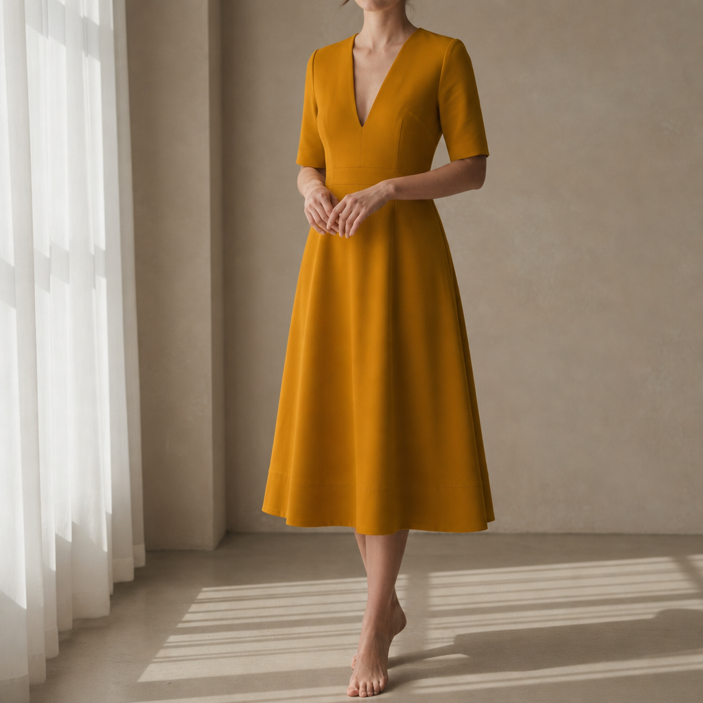 Eze Deep V-Neck Midi Dress in Yellow