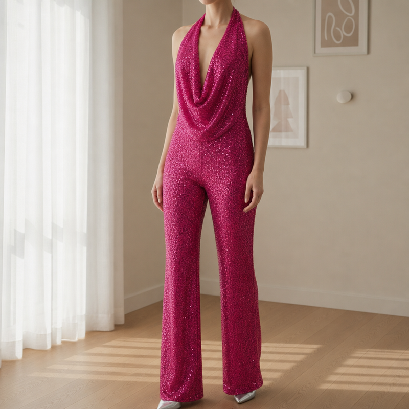 Lacoste Sequin Halter Jumpsuit in Fuchsia Pink