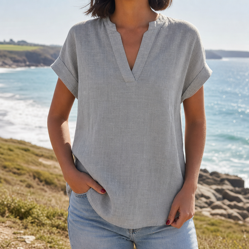 Sagres Notched V-Neck Blouse in Light Gray