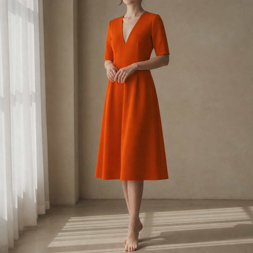 Eze Deep V-Neck Midi Dress in Orange