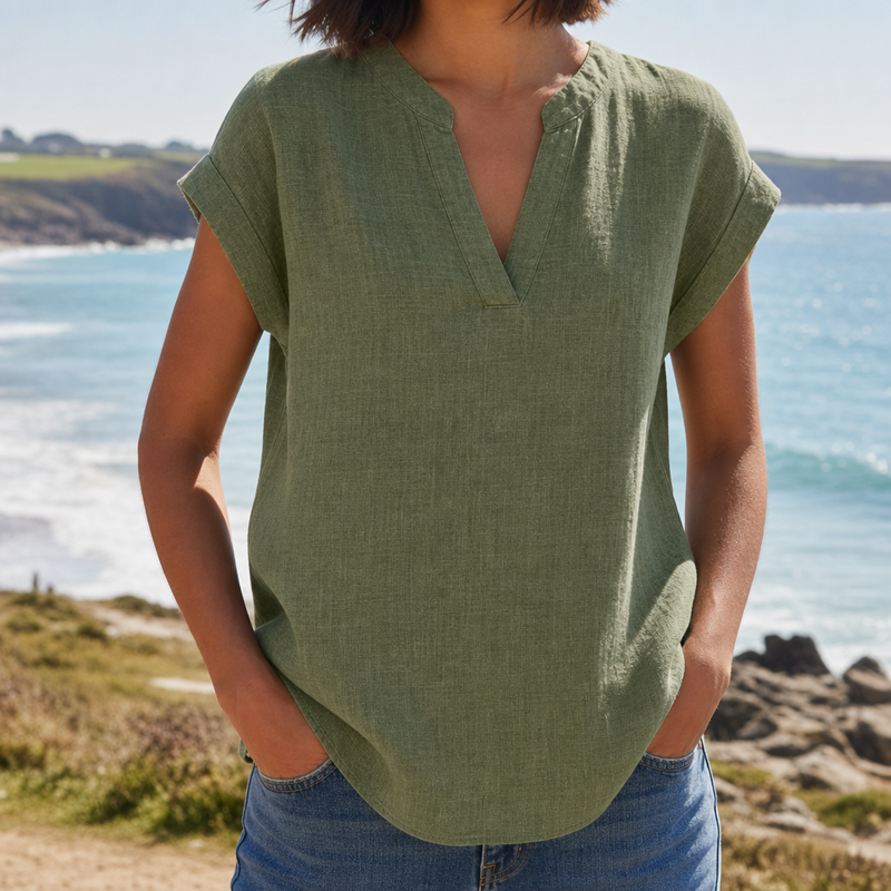 Sagres Notched V-Neck Blouse in Army Green