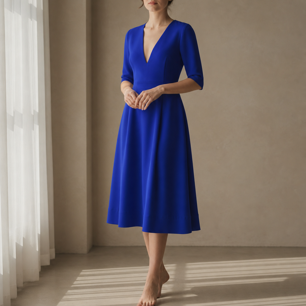 Eze Deep V-Neck Midi Dress in Blue
