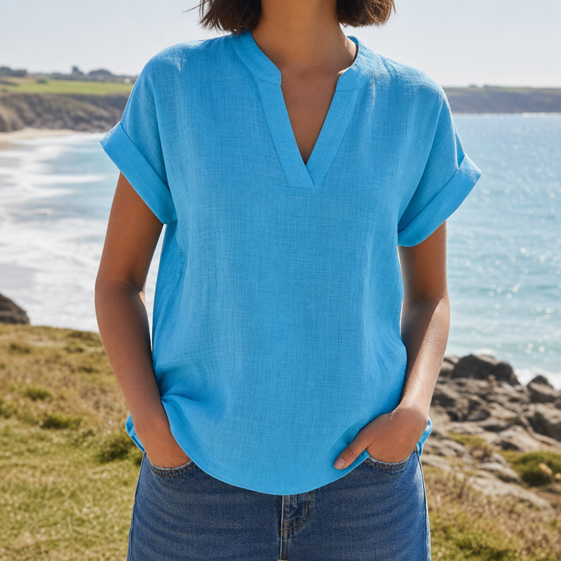Sagres Notched V-Neck Blouse in Blue