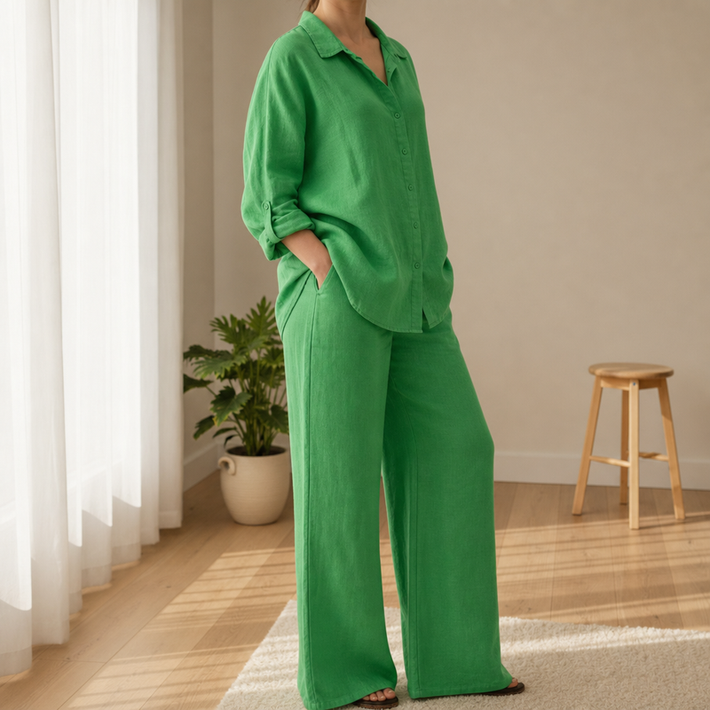 Nazare Linen Two-Piece Set in Deep Green