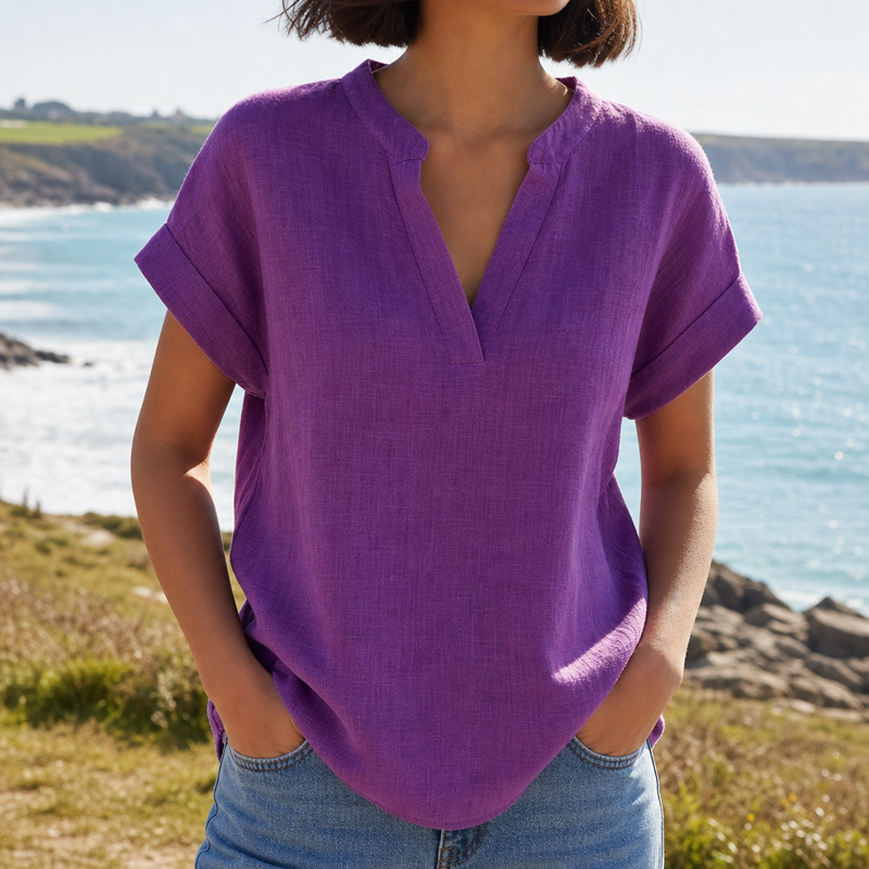 Sagres Notched V-Neck Blouse in Purple