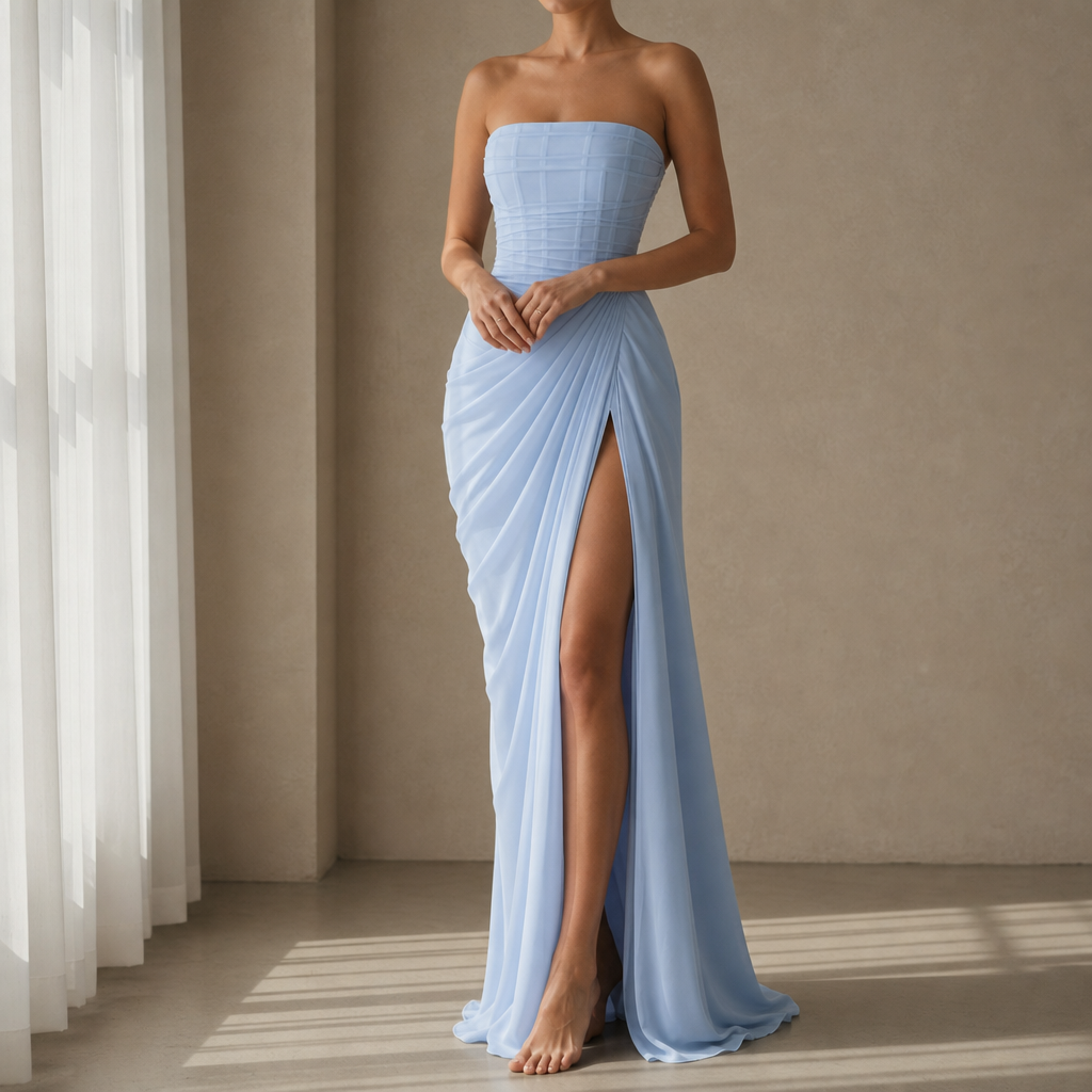 Viana Draped Corset Maxi Dress in Baby Blue