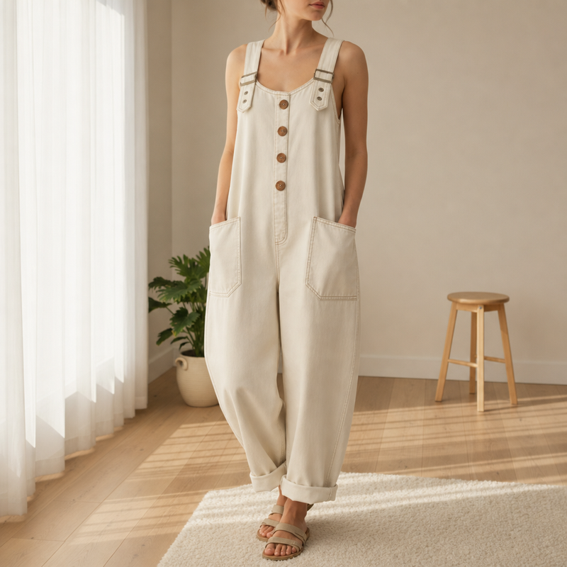 Sesimbra Relaxed Denim Overalls in Beige