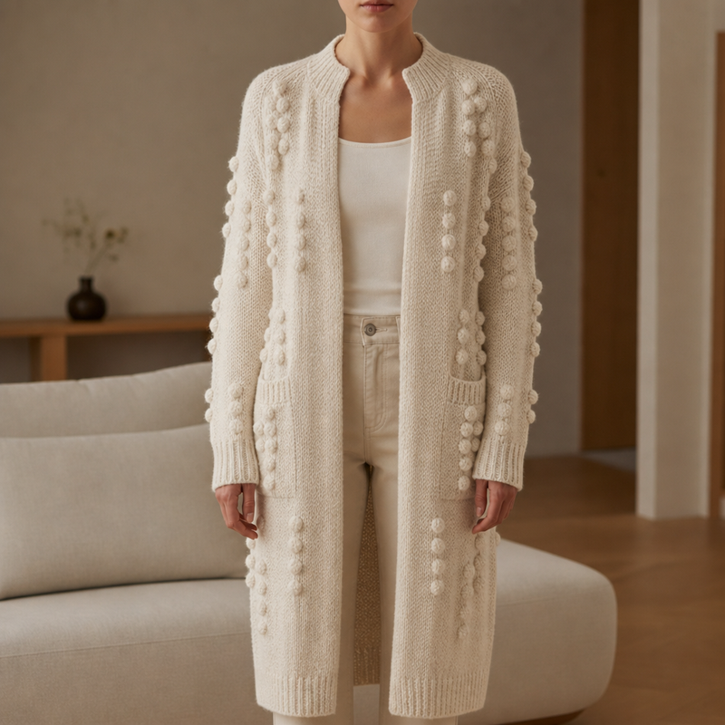 Chianti Pom Pom Knit Cardigan in Beige