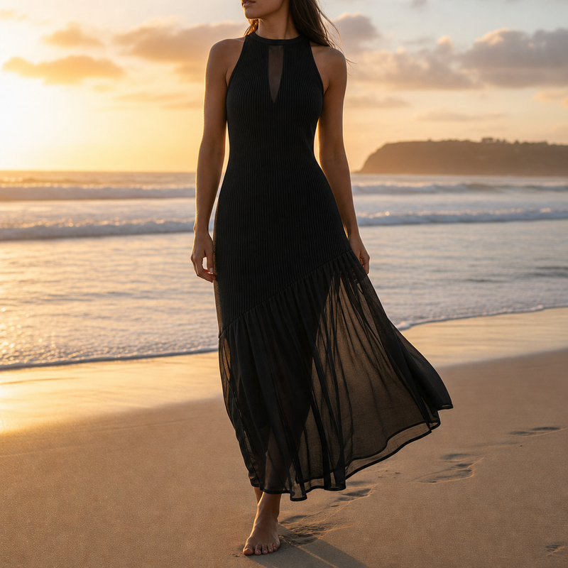 Cartagena Ribbed Mesh Maxi Dress in Black