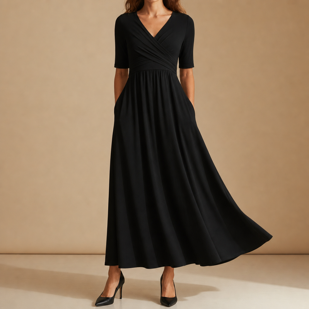Chios Crossover Bodice Midi Dress in Black