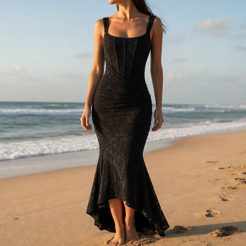Sperlonga Lace High-Low Mermaid Dress in Black