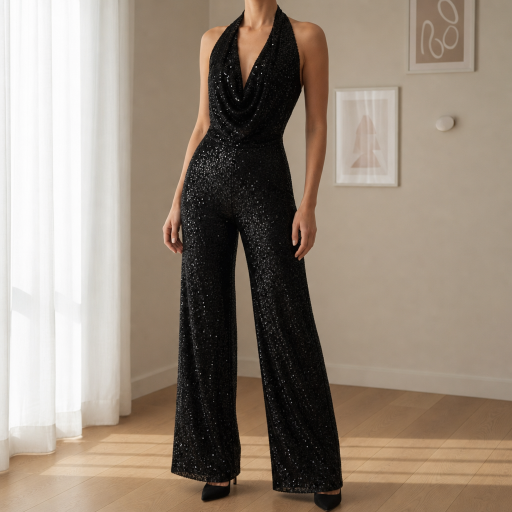 Lacoste Sequin Halter Jumpsuit in Black