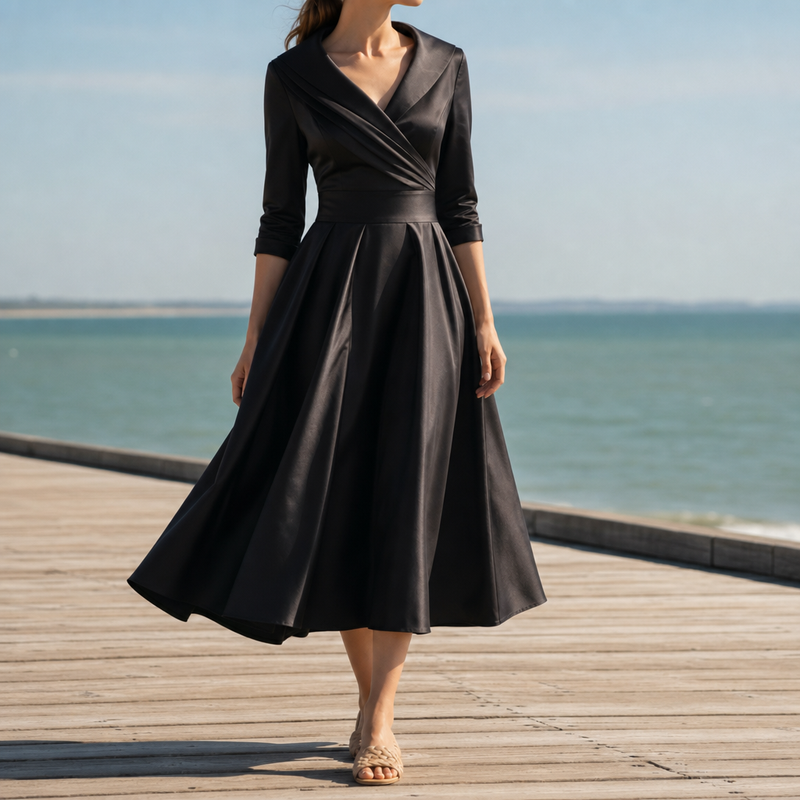 Avila Satin Wrap Midi Dress in Black