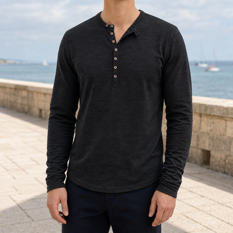 Soller Long Sleeve Henley Shirt in Black