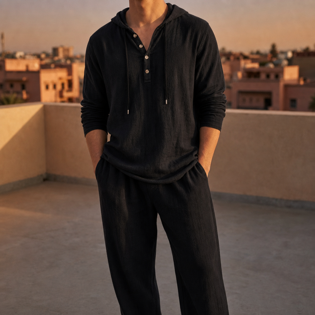 Paxos Hooded Henley Linen Set in Black