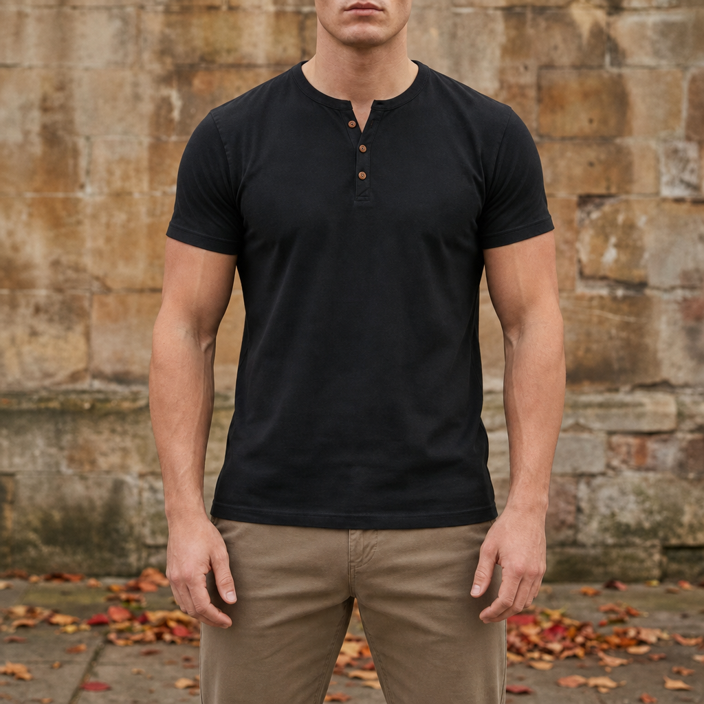 Merida Muscle Fit Henley Tee in Black