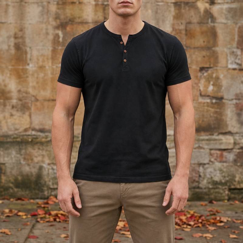 Merida Muscle Fit Henley Tee in Black