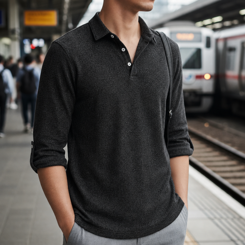 Gaeta Linen Henley Polo Shirt in Black
