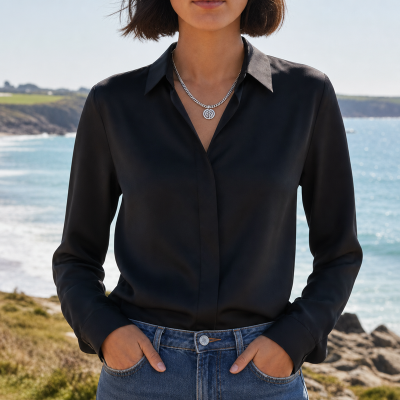 Paros Hidden Button Blouse in Black