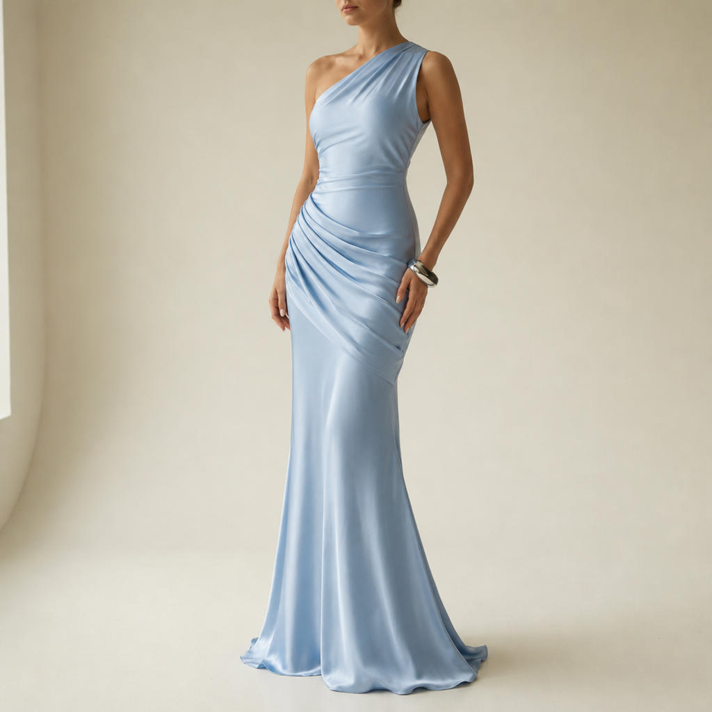 Baeza One Shoulder Satin Gown in Blue