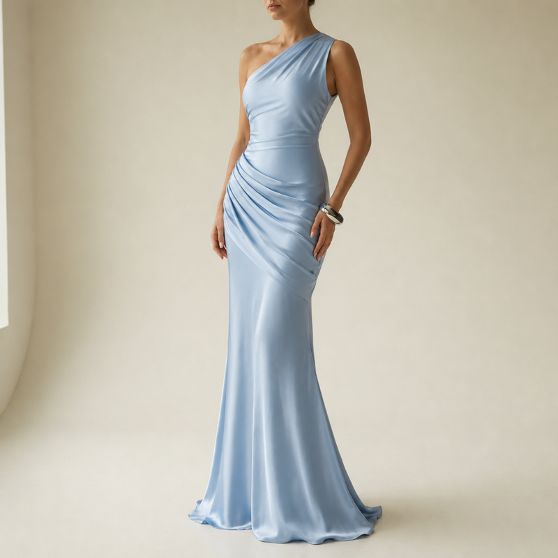 Baeza One Shoulder Satin Gown in Blue