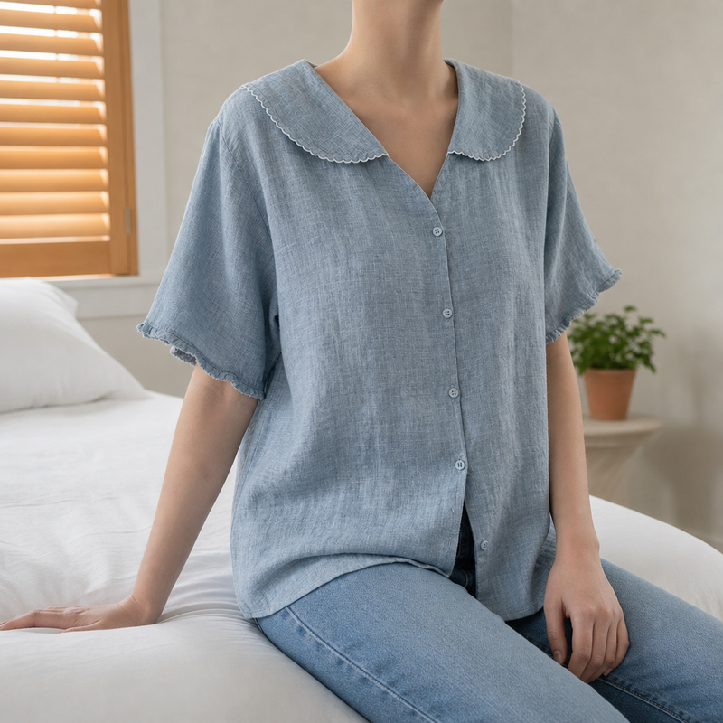 Deia Doll Collar Linen Blouse in Blue