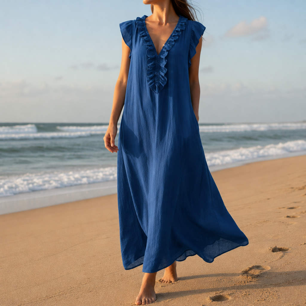 Folegandros Ruffle V-Neck Maxi Dress in Blue