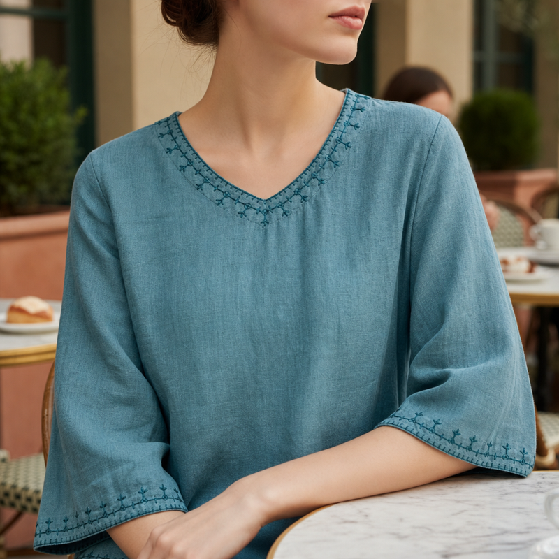 Kalymnos Embroidered Linen Blouse in Blue