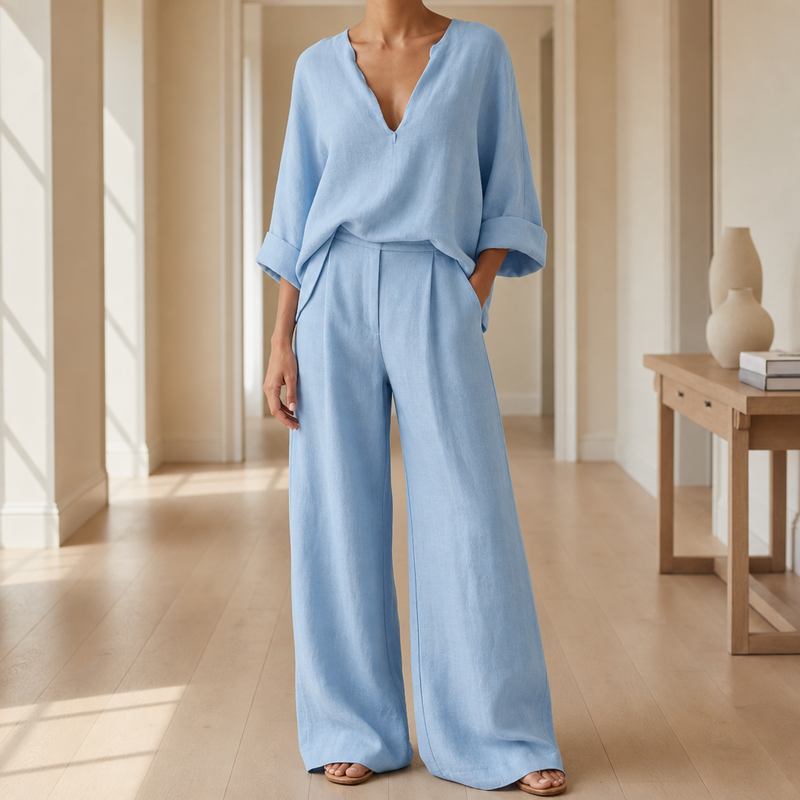 Polignano Linen Wide Leg Set in Blue
