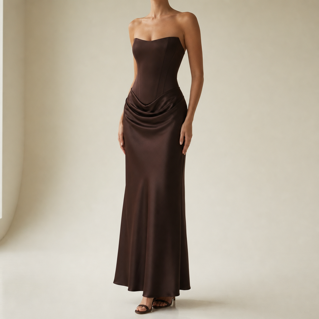 Kardamyli Corset Satin Maxi Dress in Brown