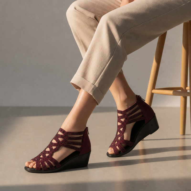 Poros Orthopedic Wedge Sandals in Burgundy