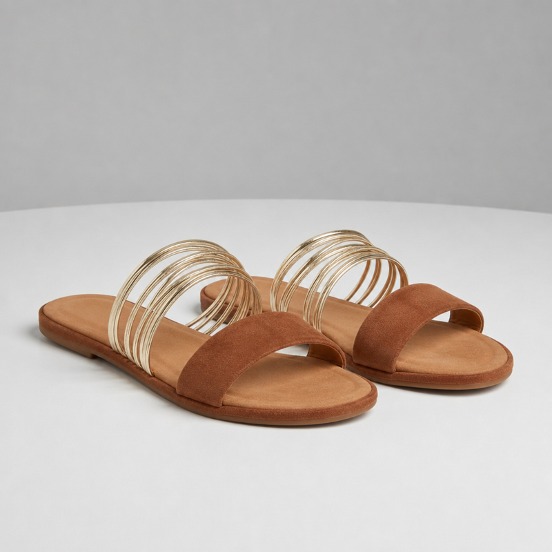 Nafplio Gold Strap Slide Sandals in Chestnut Brown