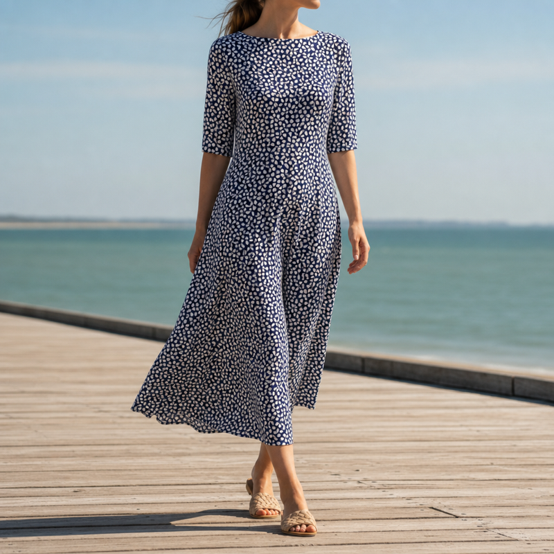 Antequera Floral Print Midi Dress in Dark Blue