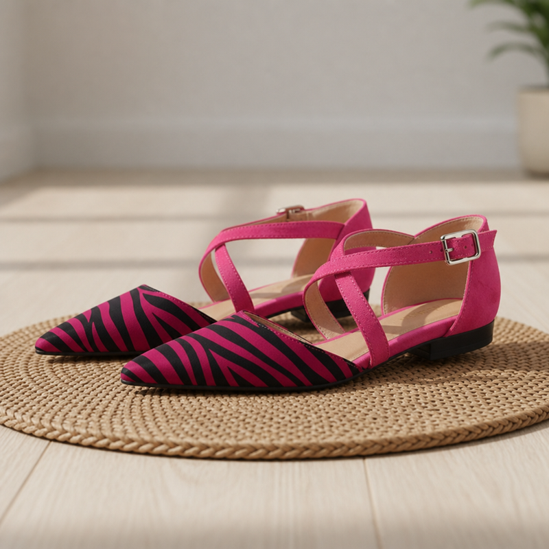 Volterra Zebra Print Cross-Strap Flats in Fuschia