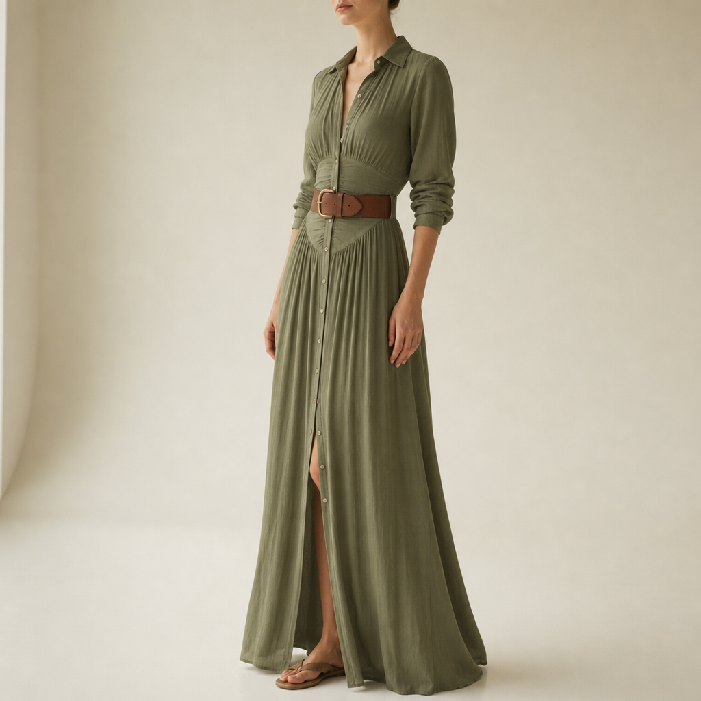 Samos Belted Button-Front Maxi Dress in Green