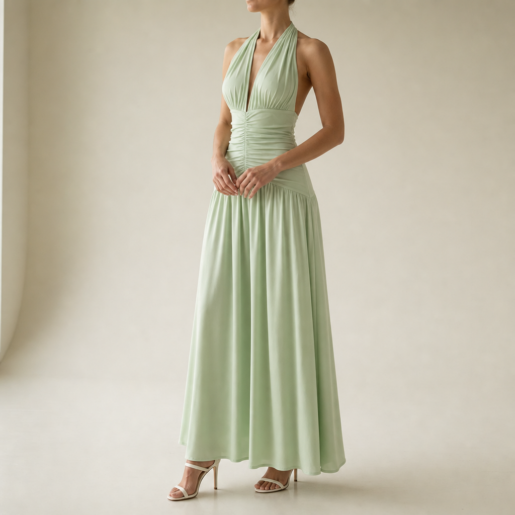 Anzio Ruched Halter Maxi Dress in Green