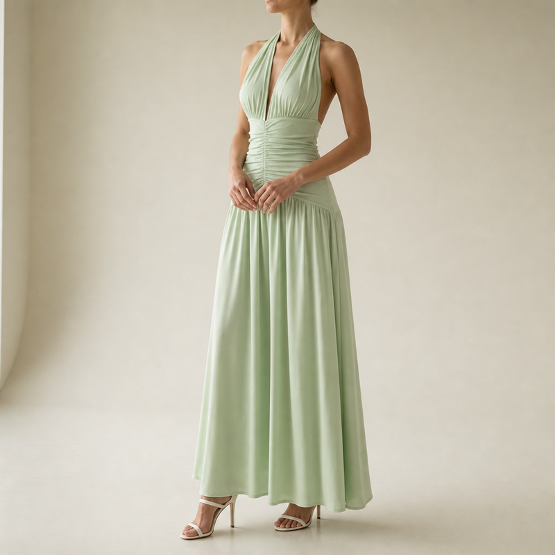 Anzio Ruched Halter Maxi Dress in Green